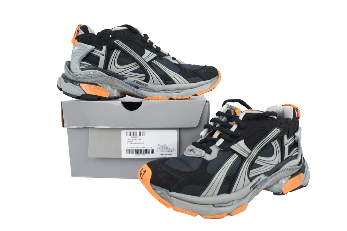 Balenciaga Runner 7Sneaker 'Black Fluo Orange'72774 W3RNY 1878 - Image 5